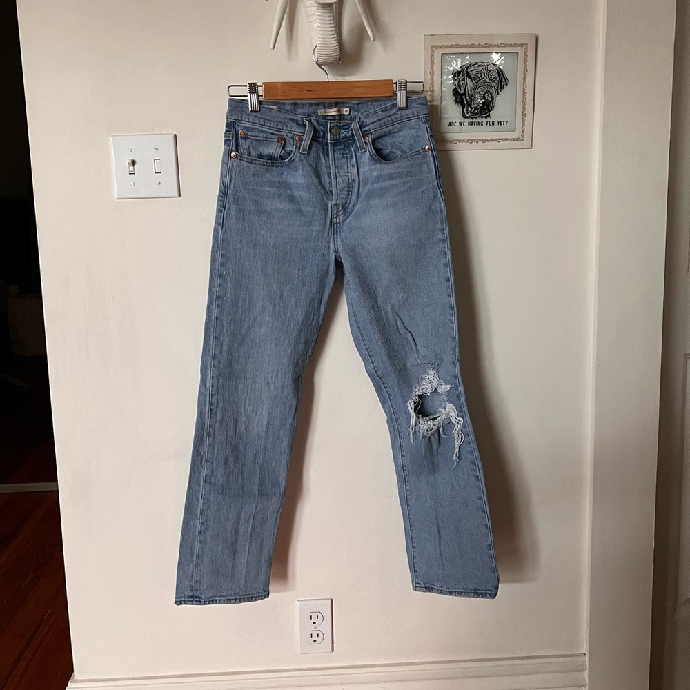 Levi's Light Blue Straight Leg Jeans with Distressed Knee